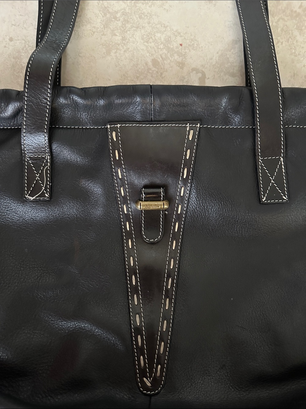 Vintage 1990s Zenith Italian Full-grain Leather Black shoulder/tote bag -NICE - Picture 6 of 16